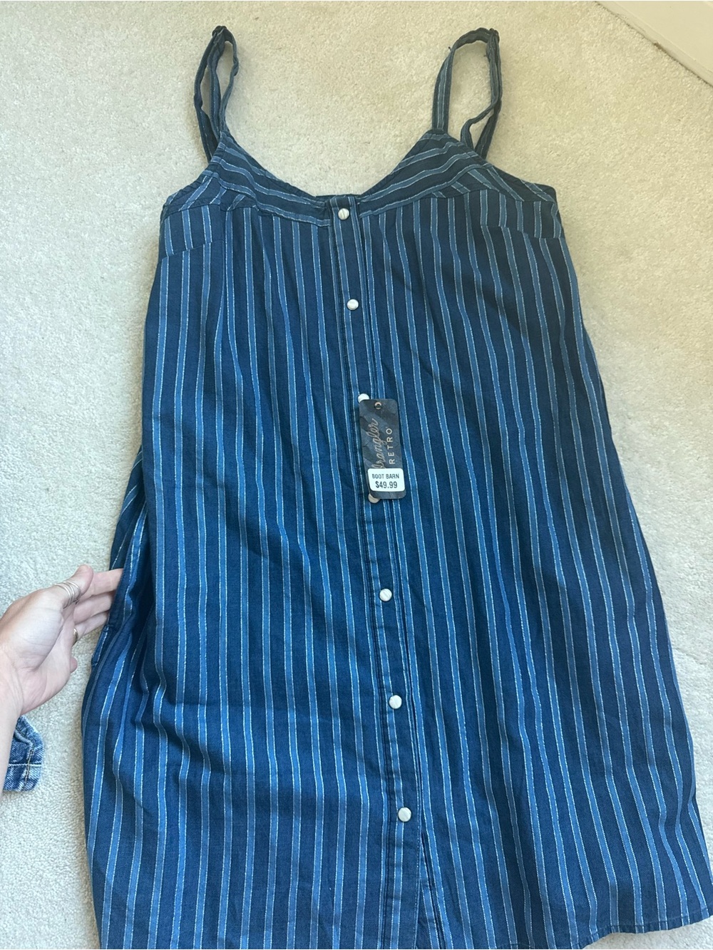 Striped Navy Button-Front Midi Dress with Spaghetti Straps
